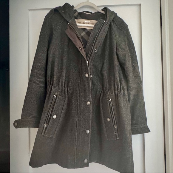 Burberry Brit Dark Gray Hooded Wool Coat - Picture 1 of 5